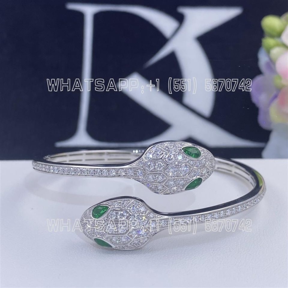 Custom Jewelry Bulgari Serpenti 18K White Gold bracelet set with emerald eyes and pavé diamonds 356522