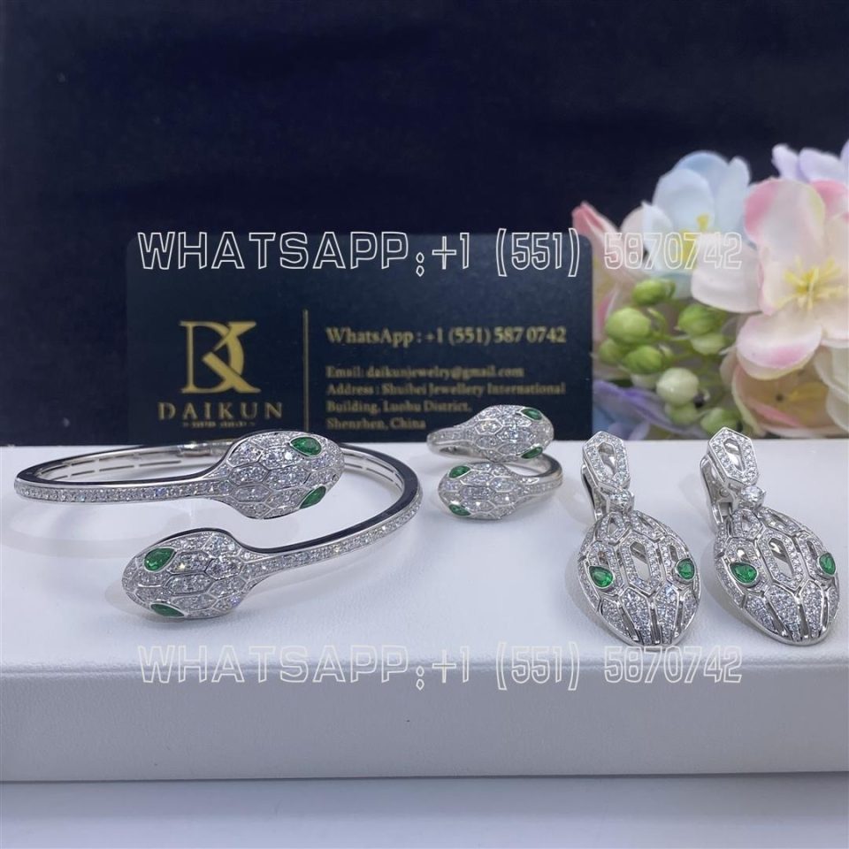 Custom Jewelry Bulgari Serpenti 18K White Gold bracelet set with emerald eyes and pavé diamonds 356522