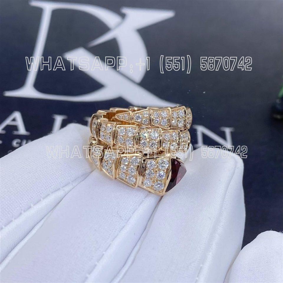 Custom Jewelry Bulgari Serpenti Viper Twp-Coil Ring in 18K Rose Gold with Full Pave Diamonds and a Rubellite on the Head