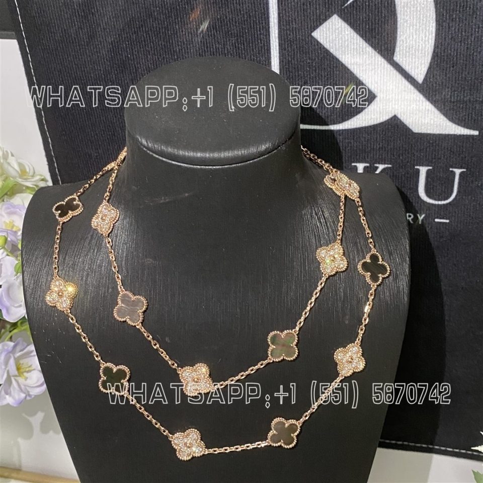 Custom Jewelry Van Cleef & Arpels Vintage Alhambra long necklace 20 motifs 18K rose gold, Diamond, Mother-of-pearl VCARP2R000