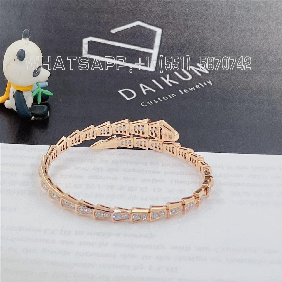 Custom Bvlgari Serpenti Viper One-coil Thin Bracelet in 18K Rose Gold and Full Pavé Diamonds