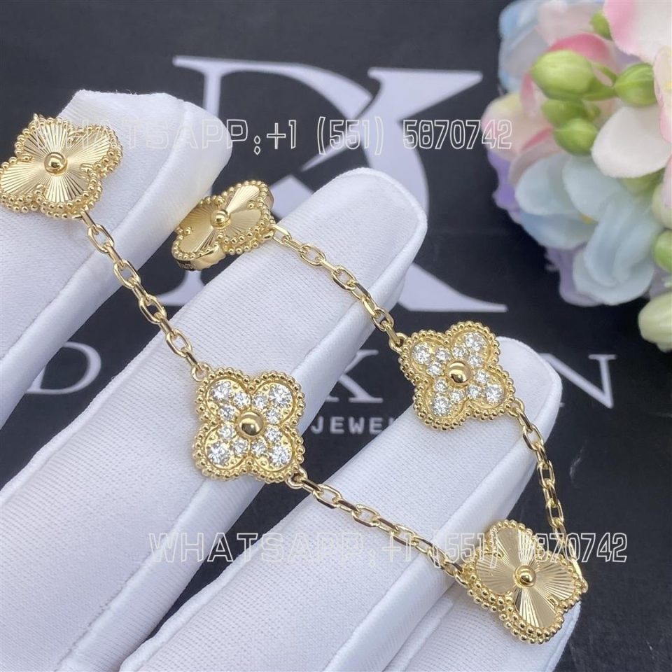 Custom Jewelry Van Cleef & Arpels Vintage Alhambra Bracelet 5 Motifs Guilloché Yellow Gold and Diamonds VCARP4KN00