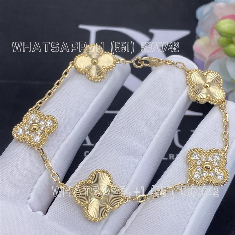 Custom Jewelry Van Cleef & Arpels Vintage Alhambra Bracelet 5 Motifs Guilloché Yellow Gold and Diamonds VCARP4KN00