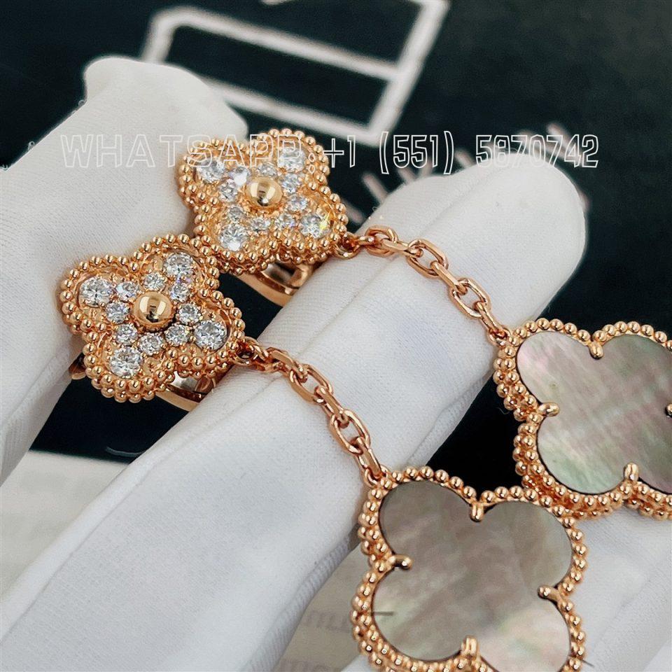 Custom Van Cleef & Arpels Magic Alhambra Earrings 2 Motifs, 18k Rose Gold Diamond and Mother-of-pearl