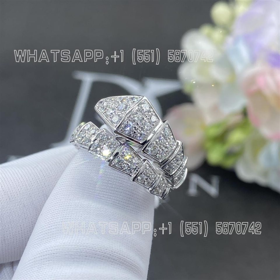 Custom Jewelry Bulgari Serpenti Viper One-coil Ring 18k White Gold Set with Full Pavé Diamonds 345209