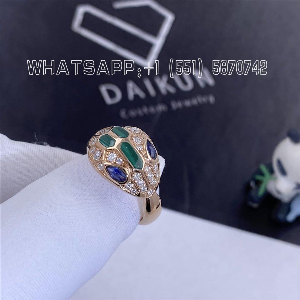 Custom Jewelry Bulgari Serpenti 18k Rose Gold Ring Set with Blue Sapphire Eyes Malachite Elements and Pavé Diamonds