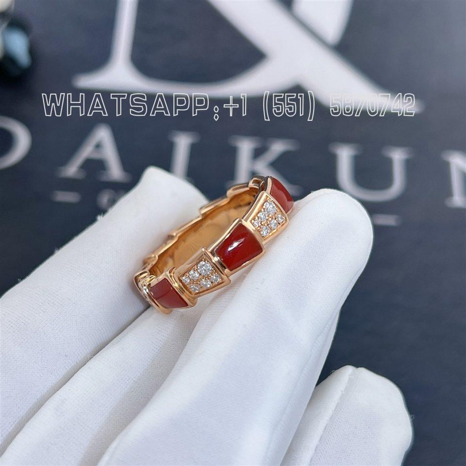 Custom Jewelry Bulgari Serpenti Viper Band Ring Set with Carnelian Elements and Pavé Diamonds 353348