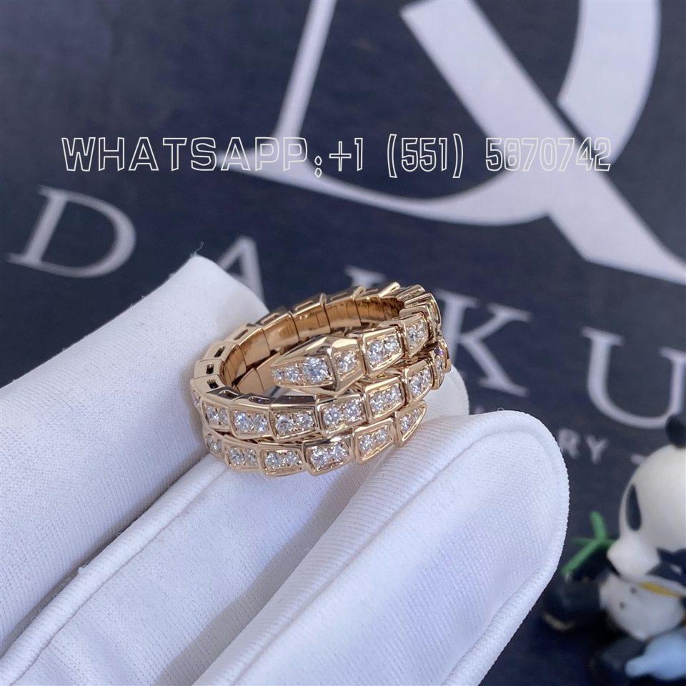 Custom Jewelry Bulgari Serpenti Viper Two-coil 18k Rose Gold Ring Set with Pavé Diamonds 357261