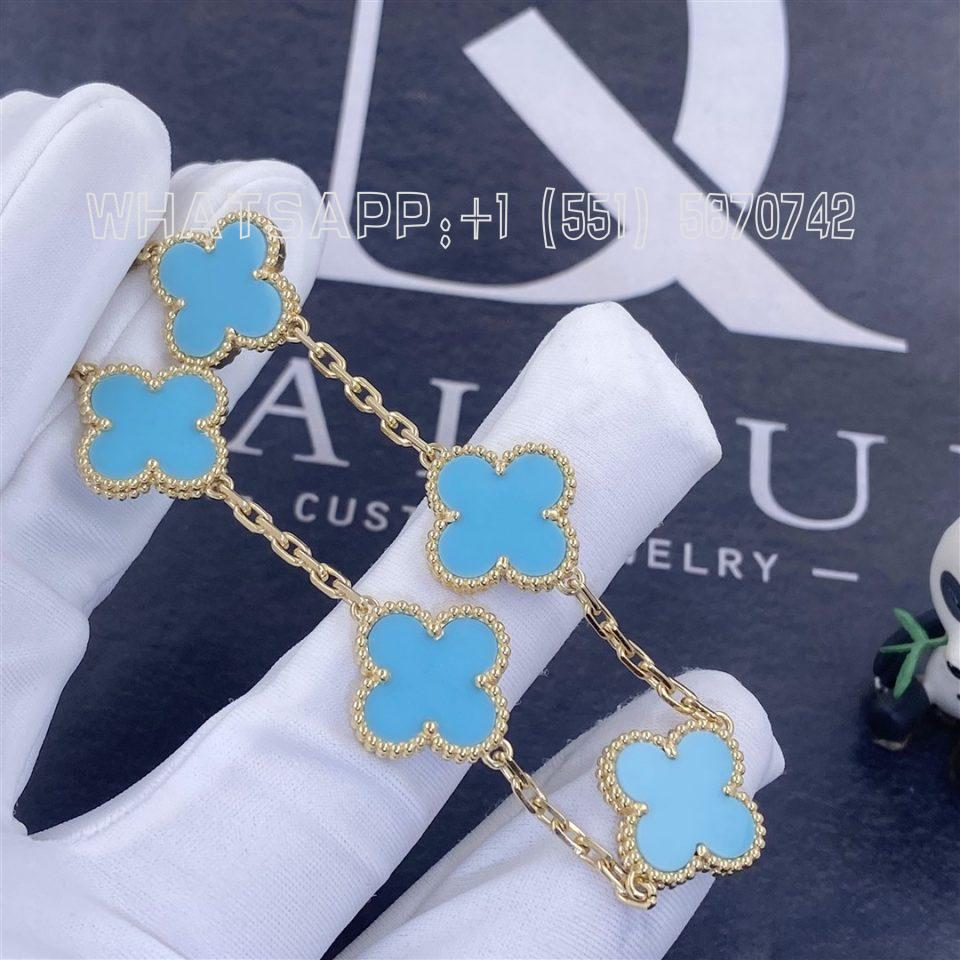 Custom Jewelry Van Cleef & Arpels Vintage Alhambra Bracelet 5 Motifs Yellow Gold Turquoise VCARA42000