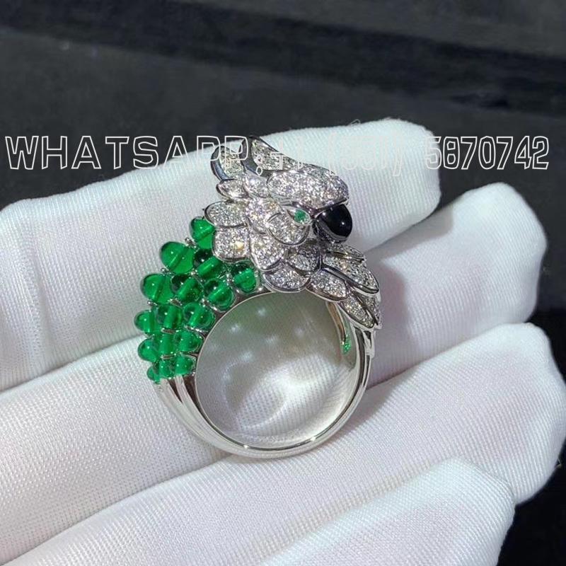 Custom Jewelry Cartier Les Oiseaux Libérés Parrot Ring White Gold with Emeralds Beads