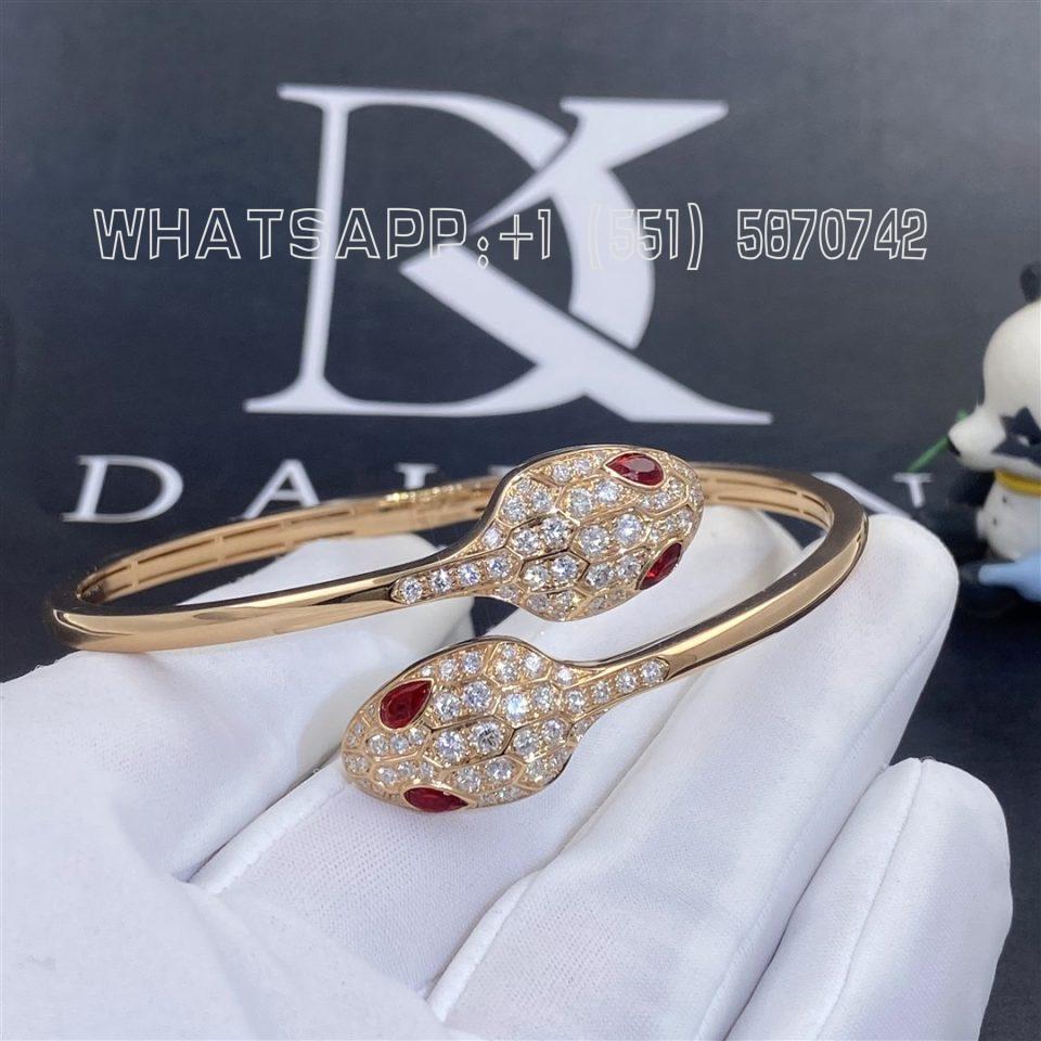 Custom Jewelry Bulgari Serpenti 18k Rose Gold Bracelet Set with Rubellite Eyes and Pavé Diamonds 356504