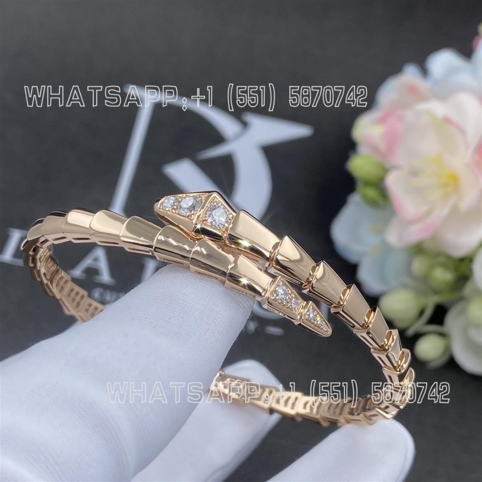 Custom Jewelry Bulgari Serpenti Viper Double Layer Wrap Bangle Bracelet Rose Gold Set with Demi-pavé Diamonds 357823