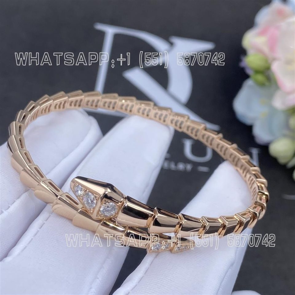 Custom Jewelry Bulgari Serpenti Viper Double Layer Wrap Bangle Bracelet Rose Gold Set with Demi-pavé Diamonds 357823