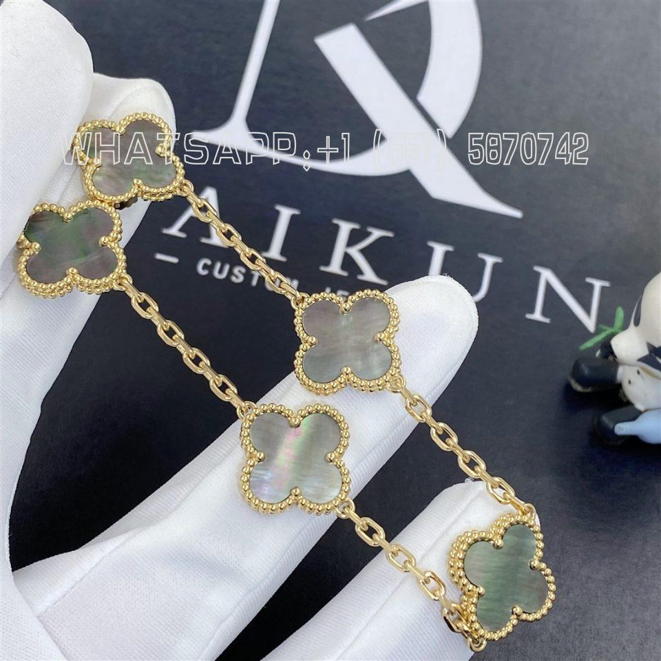 Custom Jewelry Van Cleef & Arpels Vintage Alhambra Bracelet 5 Motifs Grey Mother of Pearl in 18K Yellow Gold