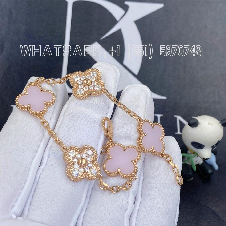 Custom Jewelry Van Cleef & Arpels Vintage Alhambra Bracelet, 5 motifs in 18K Rose gold and Diamond Pink Opal