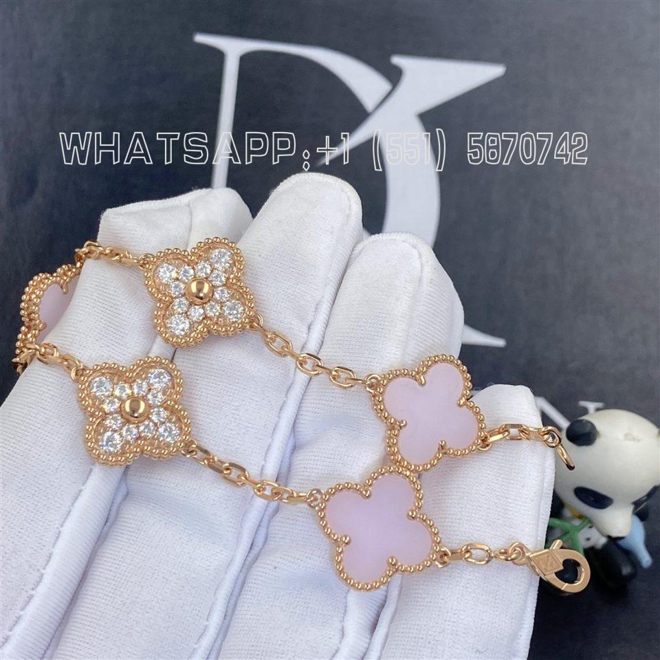 Custom Jewelry Van Cleef & Arpels Vintage Alhambra Bracelet, 5 motifs in 18K Rose gold and Diamond Pink Opal
