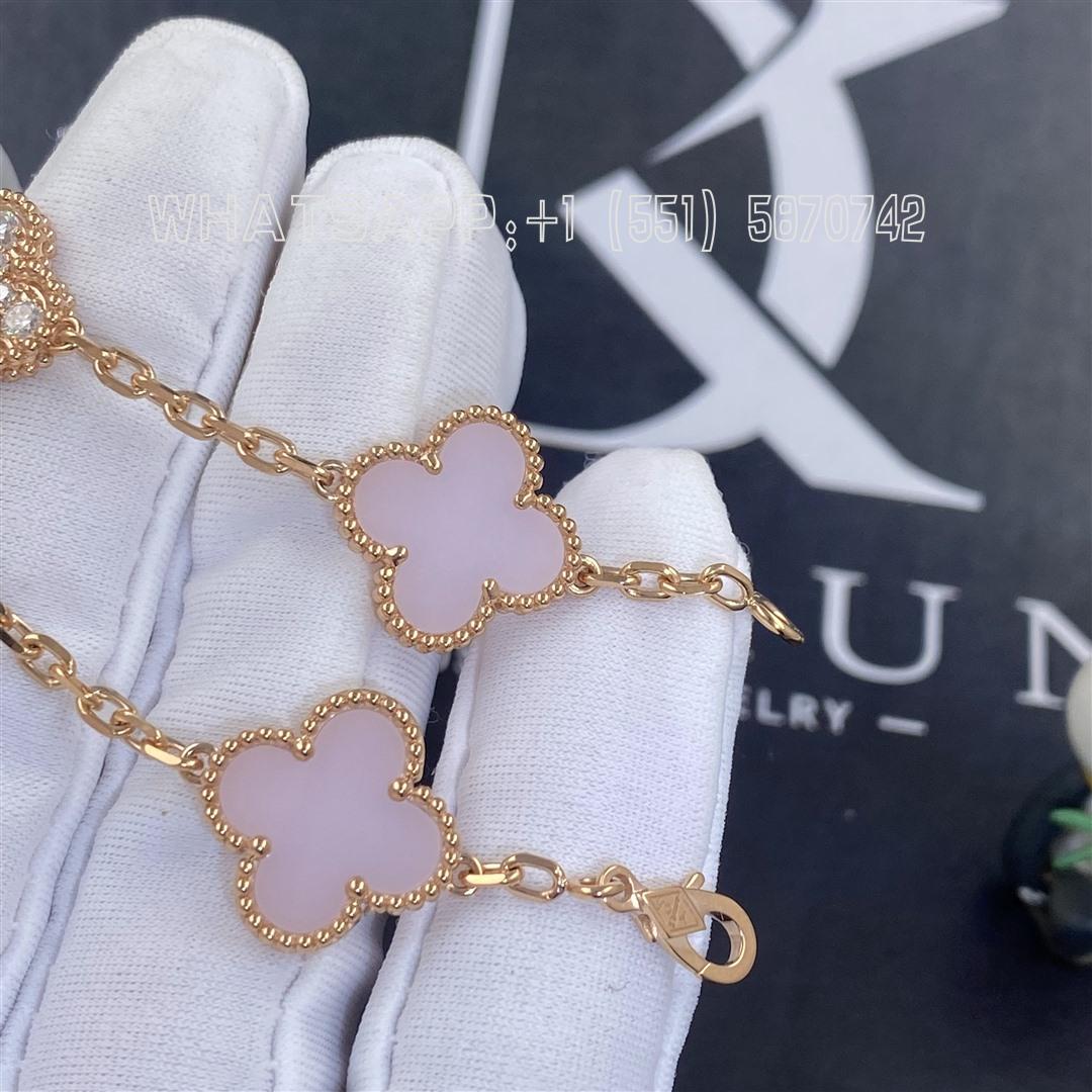 Van Cleef & Arpels Vintage Alhambra Pink Opal 5 Motif 18KYG Link Bracelet  B&P