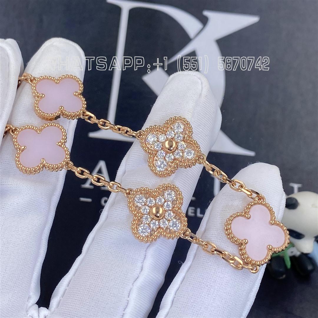 Van Cleef & Arpels Vintage Alhambra Pink Opal 5 Motif 18KYG Link Bracelet  B&P