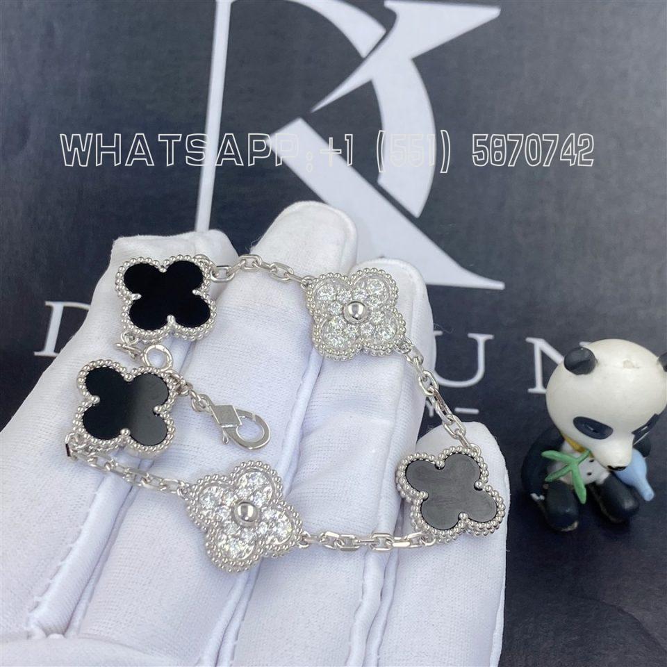 Custom Jewelry Van Cleef & Arpels Vintage Alhambra Bracelet, 5 motifs in 18K White gold and Diamond, Onyx VCARP2R900