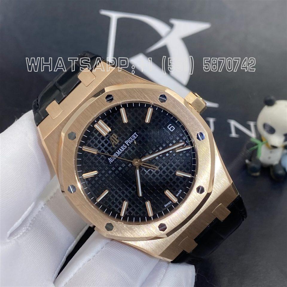 Custom Watches Audemars Piguet 15500OR Royal Oak Black Dial Black Leather Strap 41mm