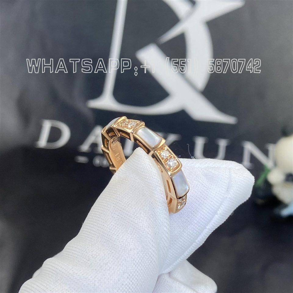Custom Jewelry Bulgari Serpenti Viper band Ring in 18k rose gold with pavé diamonds and Mother of Pearls 353225