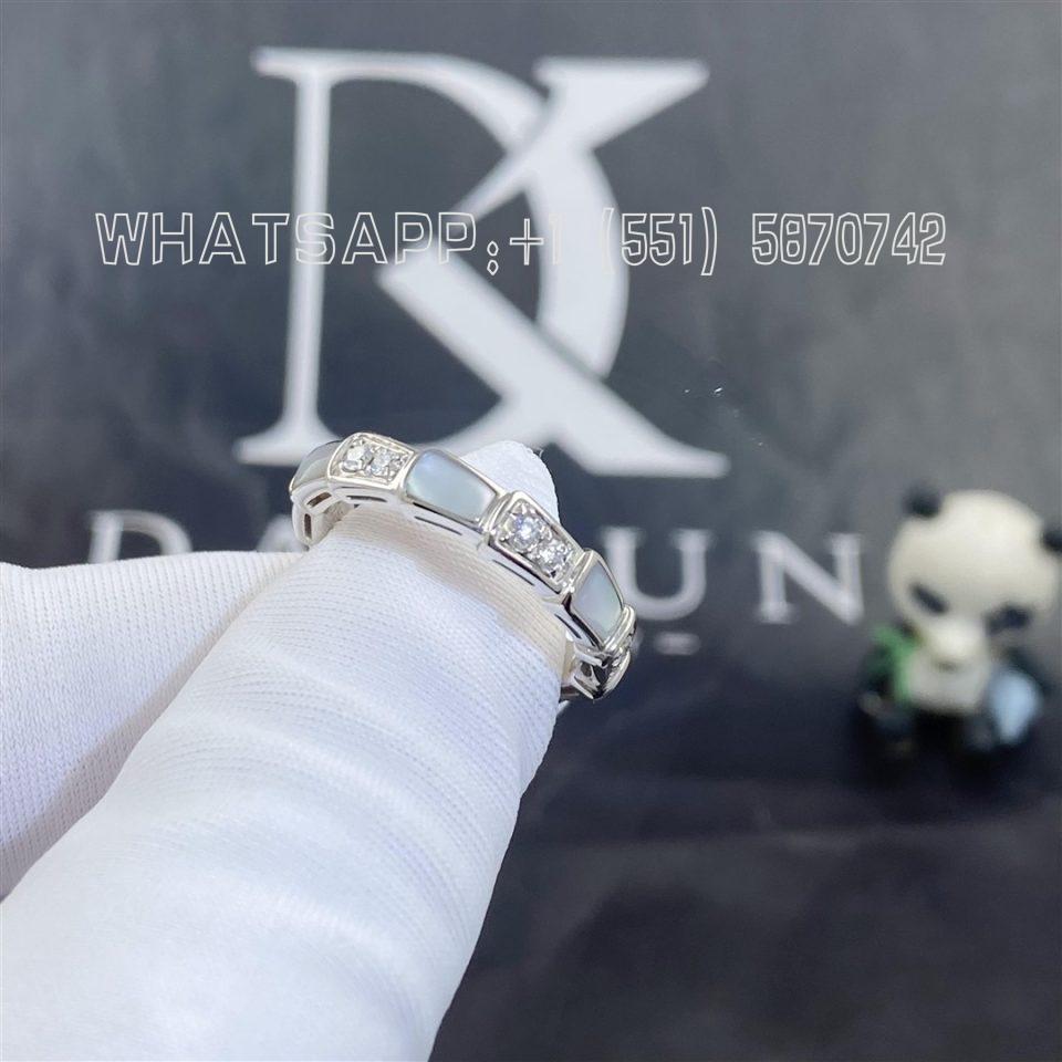 Custom Jewelry Bulgari Serpenti Viper band Ring in 18k White gold with pavé diamonds and Mother of Pearls 353225-WG