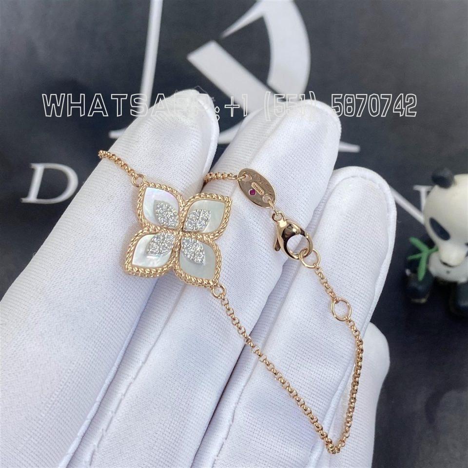 Custom Jewelry Roberto Coin Princess Flower Bracelet with Diamonds and Mother of Pearl in 18K Rose Gold ADV888BR1837