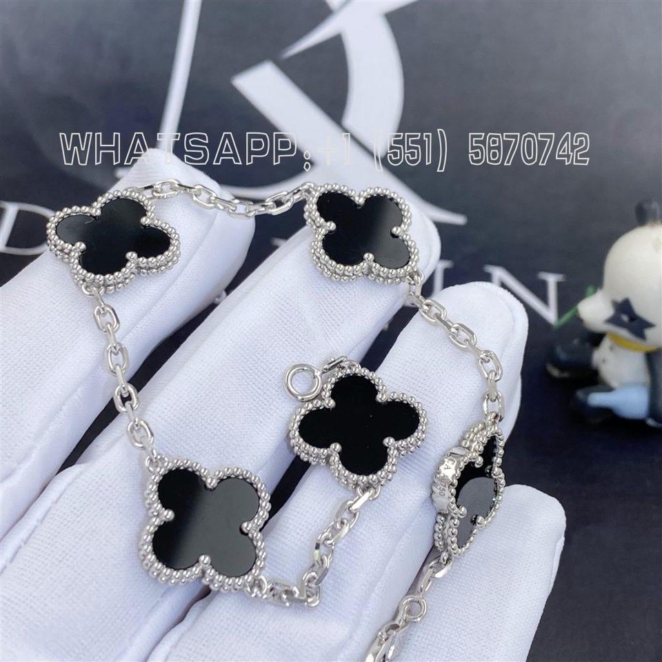 Custom Jewelry Van Cleef & Arpels Vintage Alhambra 18k White Gold Onyx 5 Motif Bracelet