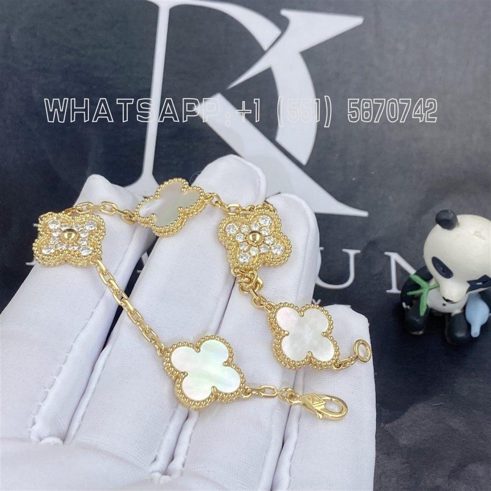 Custom Jewelry Van Cleef & Arpels Vintage Alhambra 5 motifs bracelet, Yellow gold, Diamond and Mother-of-pearl