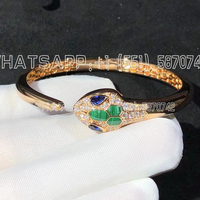 Custom Jewelry Bulgari Serpenti 18K Rose Gold bracelet set with blue sapphire eyes, malachite elements and pavé diamonds 356204