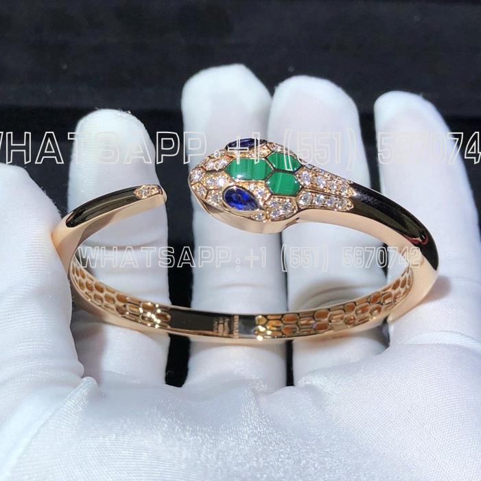 Custom Jewelry Bulgari Serpenti 18K Rose Gold bracelet set with blue sapphire eyes, malachite elements and pavé diamonds 356204