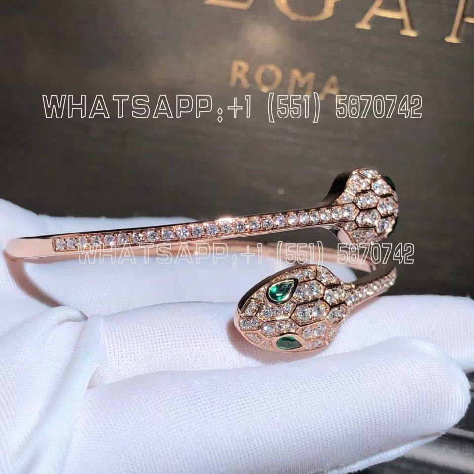 Custom Jewelry Bulgari Serpenti 18K Rose Gold bracelet set with emerald eyes and pavé diamonds