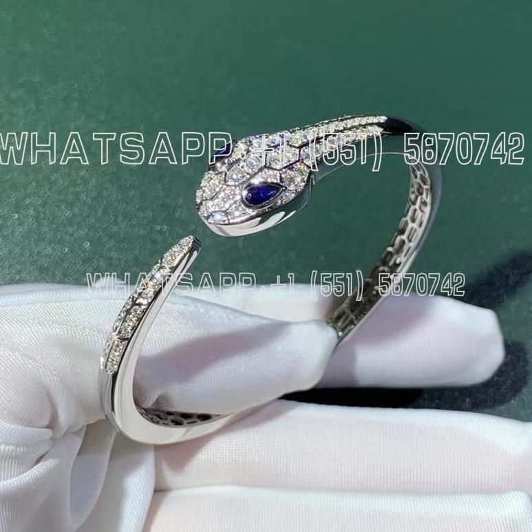 Custom Jewelry Bulgari Serpenti bangle in 18K White Gold set with blue sapphire eyes and pavé diamonds 354098