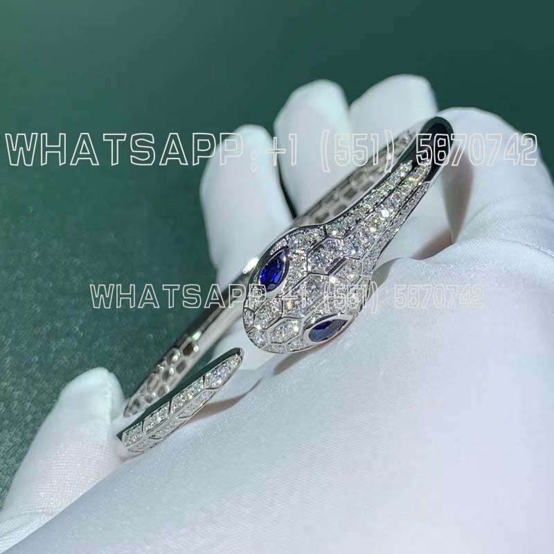 Custom Jewelry Bulgari Serpenti bangle in 18K White Gold set with blue sapphire eyes and pavé diamonds 354098