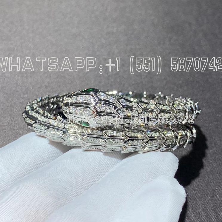 Custom Jewelry Bulgari Serpenti Diamond Snake Bangle 18K White Gold with Emerald Eyes Bracelet