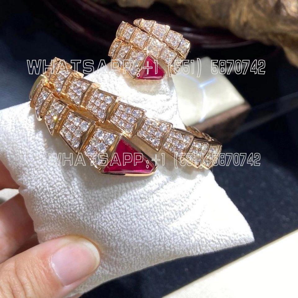 Custom Jewelry Bulgari Serpenti one-coil bracelet in 18K Rose Gold, set with full pavé diamonds and a rubellite on the head 347602
