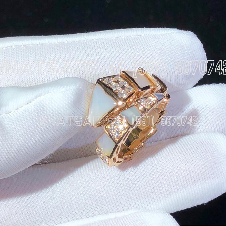 Custom Jewelry Bulgari Serpenti Viper One-Coil Ring in 18K Rose Gold with Mother-of-Pearl Elements and Demi Pave Diamonds