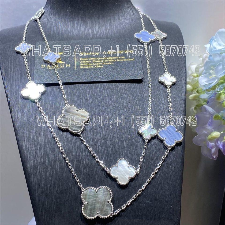 Custom Jewelry Van Cleef & Arpels Magic Alhambra long necklace 16 motifs White gold, Chalcedony and Mother-of-pearl VCARN19000