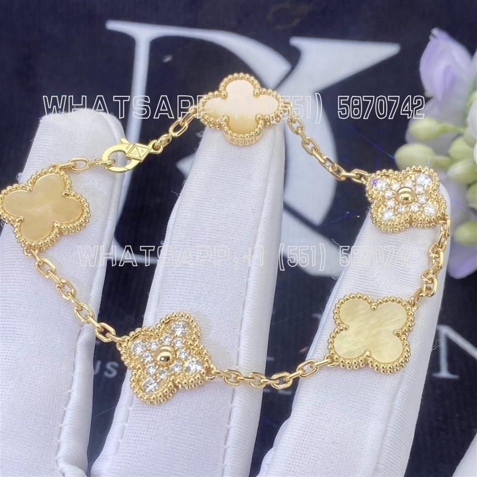 Custom Jewelry Van Cleef & Arpels Vintage Alhambra Bracelet, 5 motifs in 18K Yellow Gold and Diamond Gold mother-of-pearl