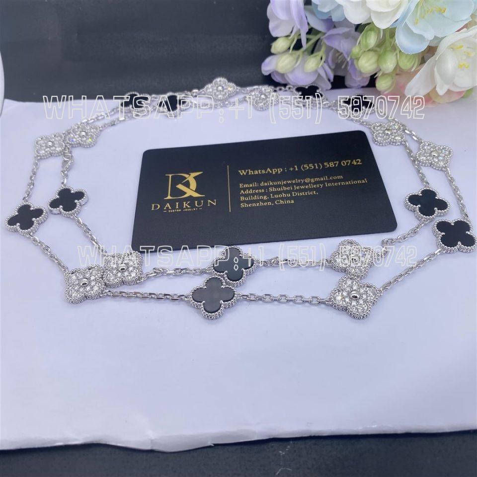 Custom Jewelry Van Cleef & Arpels Vintage Alhambra long necklace 20 motifs White gold, Diamond and Onyx VCARP2R800