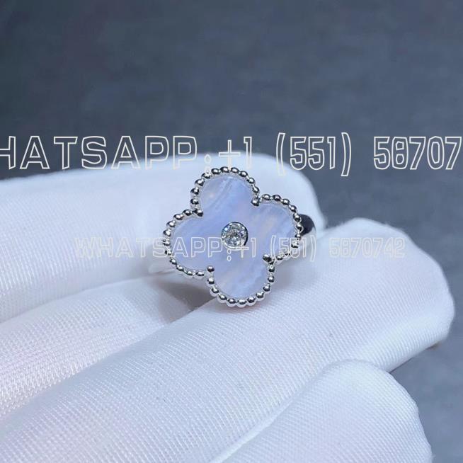 Custom Jewelry Van Cleef Arpels Vintage Alhambra Ring Chalcedony White Gold and Diamonds Ring