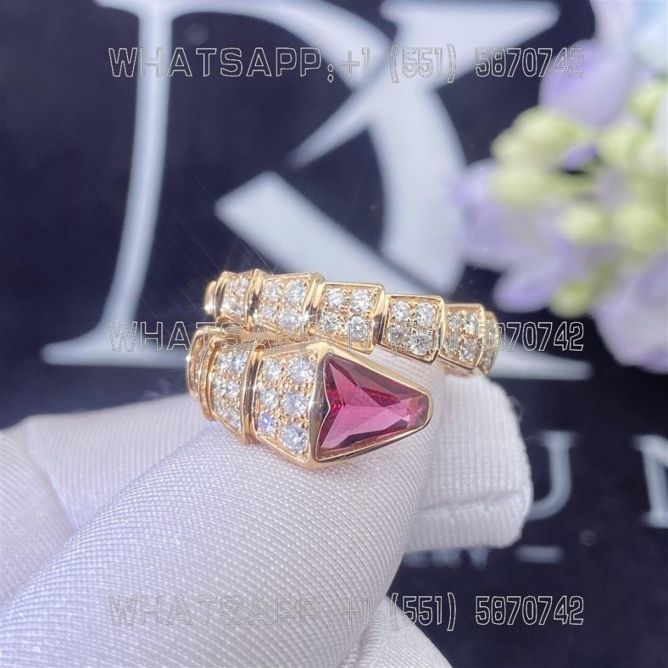 Custom Jewelry Bulgari Serpenti Viper one-coil Ring 18k Rose Gold set with Rubellite and Pavé Diamonds