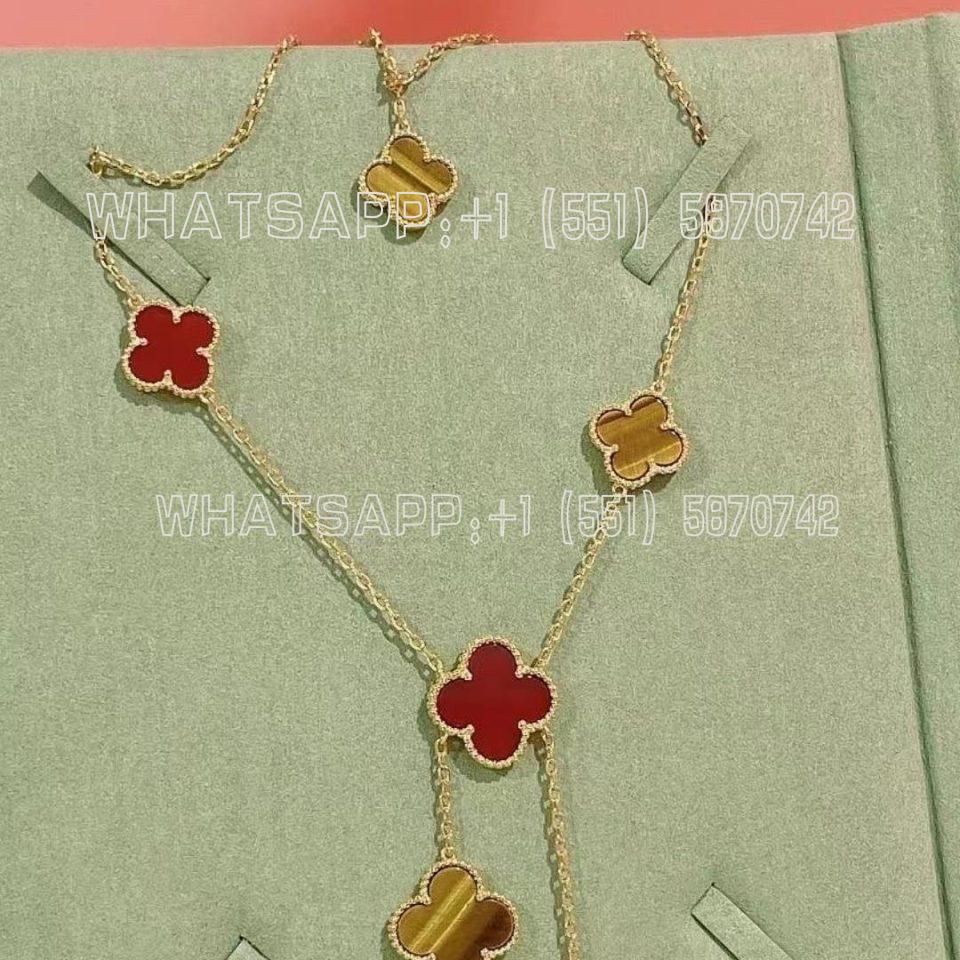 Custom Jewelry Van Cleef & Arpels Magic Alhambra 6 motifs necklace, Yellow gold, Carnelian and Tiger Eye VCARN5JP00