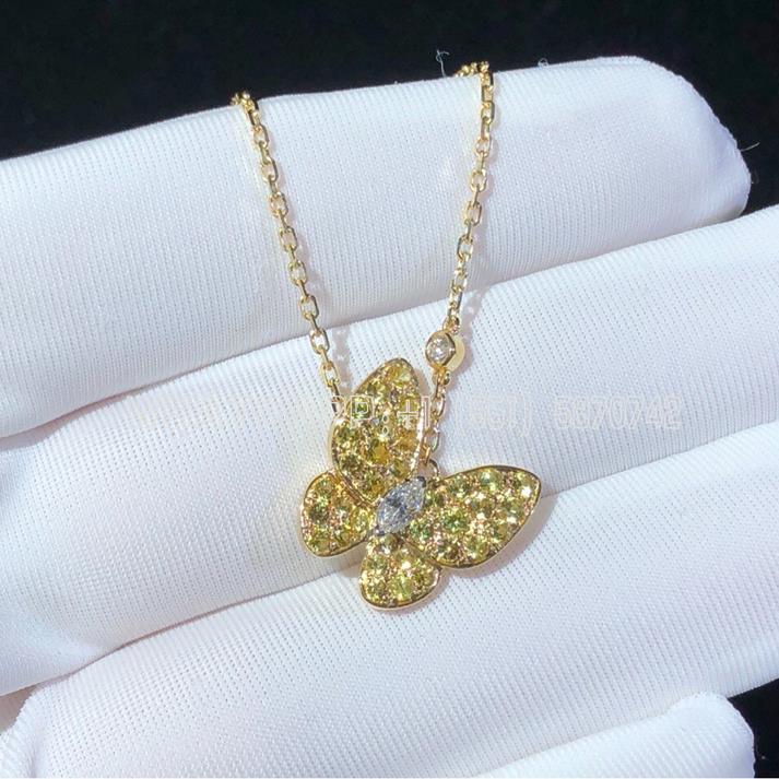 Custom Jewelry Van Cleef & Arpels Two Butterfly pendant 18K yellow gold, Diamond and Sapphire VCARO3M300