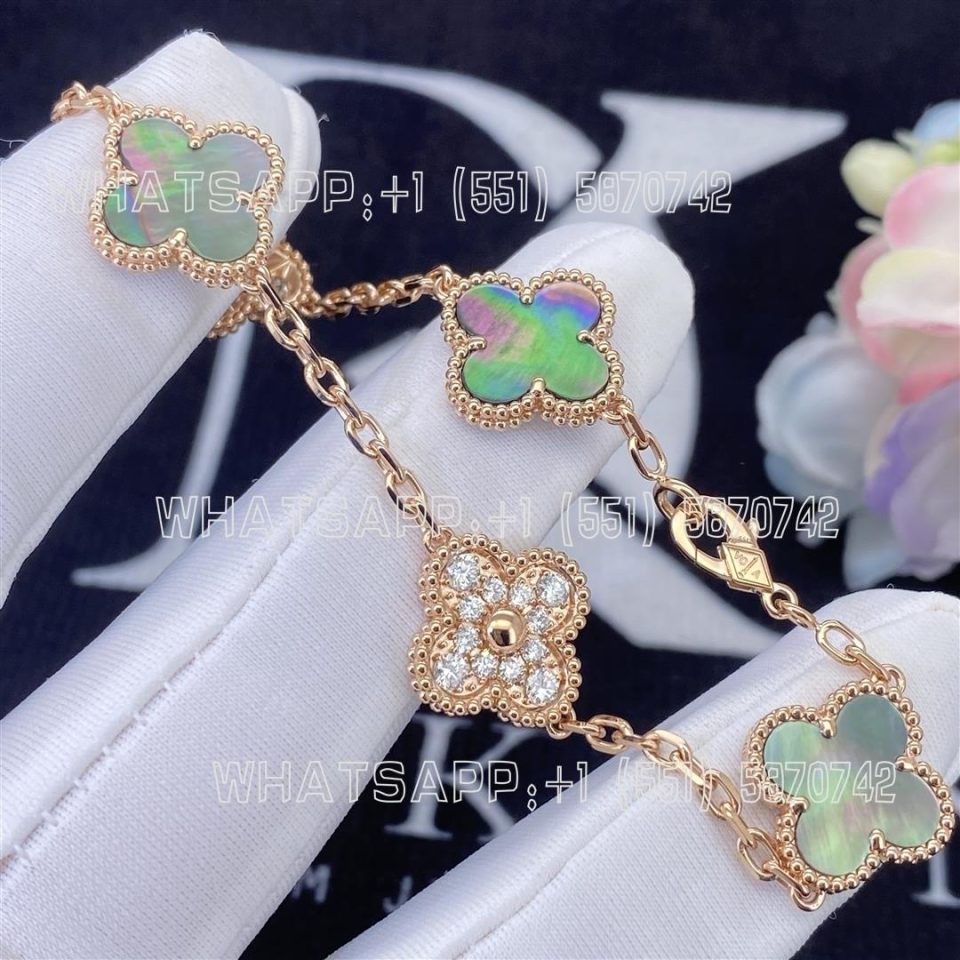 Custom Jewelry Van Cleef & Arpels Vintage Alhambra bracelet, 5 motifs 18K rose gold, Diamond and gray Mother-of-pearl VCARP2R100