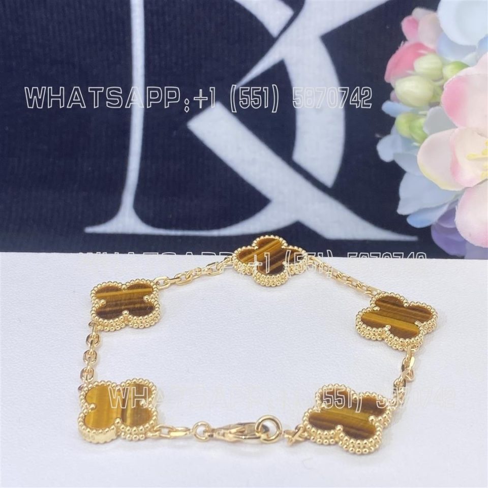 Custom Jewelry Van Cleef & Arpels Vintage Alhambra bracelet, 5 motifs 18K yellow gold, Tiger Eye VCARD35600