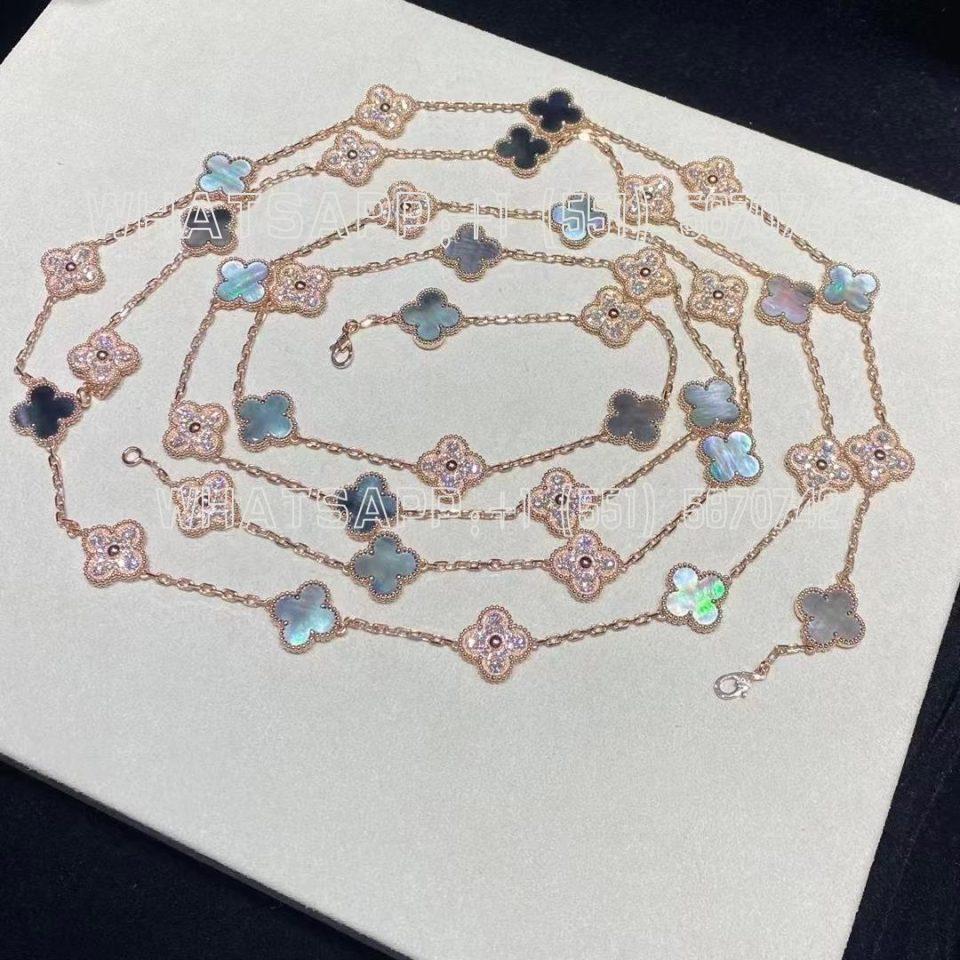 Custom Jewelry Van Cleef & Arpels Vintage Alhambra long necklace 20 motifs 18K rose gold, Diamond, Mother-of-pearl VCARP2R000