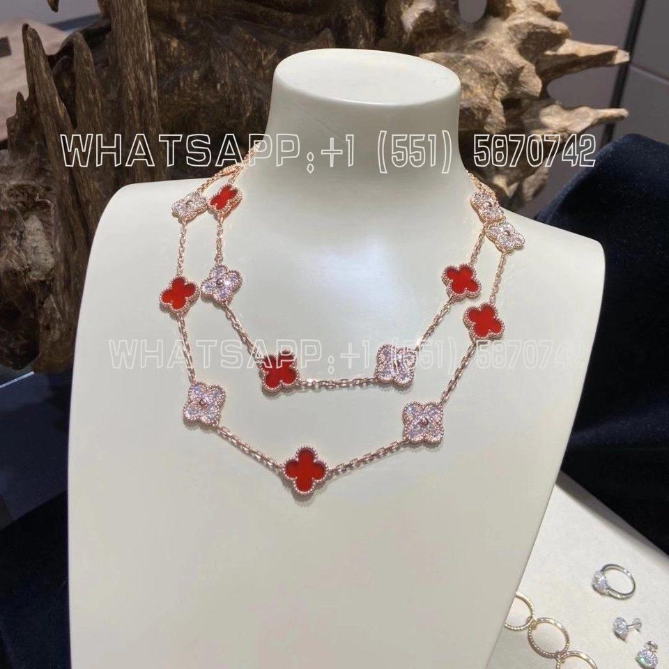 Custom Jewelry Van Cleef & Arpels Vintage Alhambra long necklace 20 motifs Rose Gold Carnelian