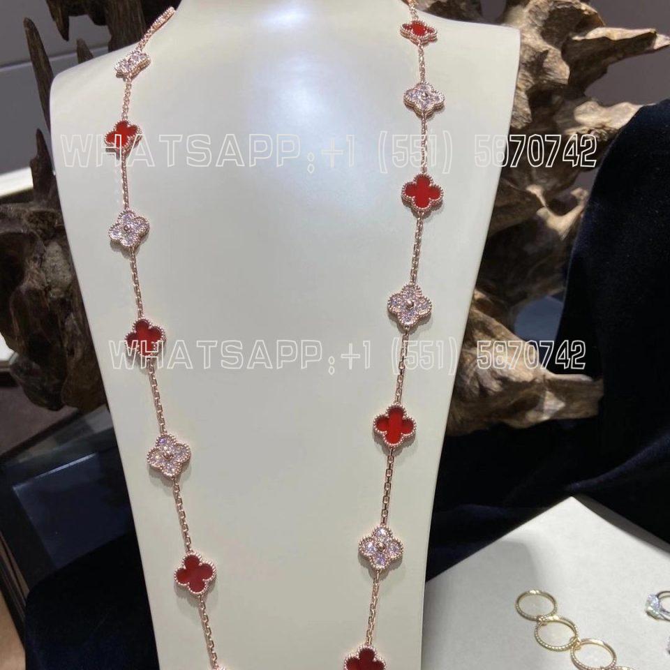 Custom Jewelry Van Cleef & Arpels Vintage Alhambra long necklace 20 motifs Rose Gold Carnelian