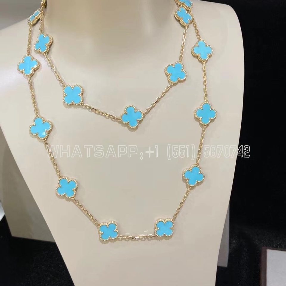 Custom Jewelry Van Cleef & Arpels Vintage Alhambra long necklace 20 motifs Yellow gold, Turquoise